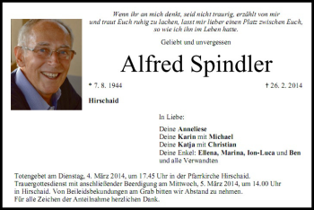 Anzeige von Alfred Spindler von Mediengruppe Oberfranken
